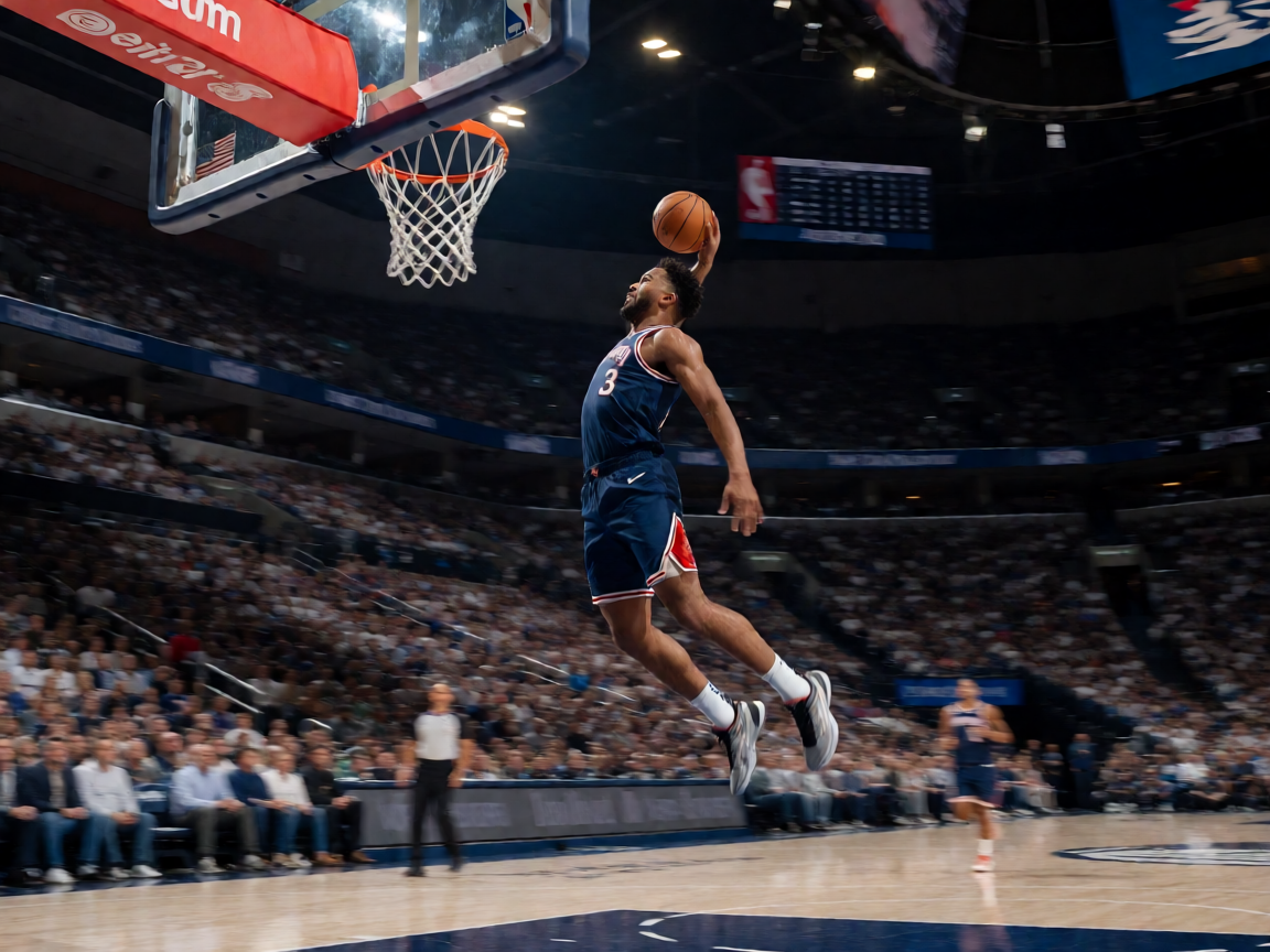 NBA比赛现场，球员飞身扣篮的精彩瞬间